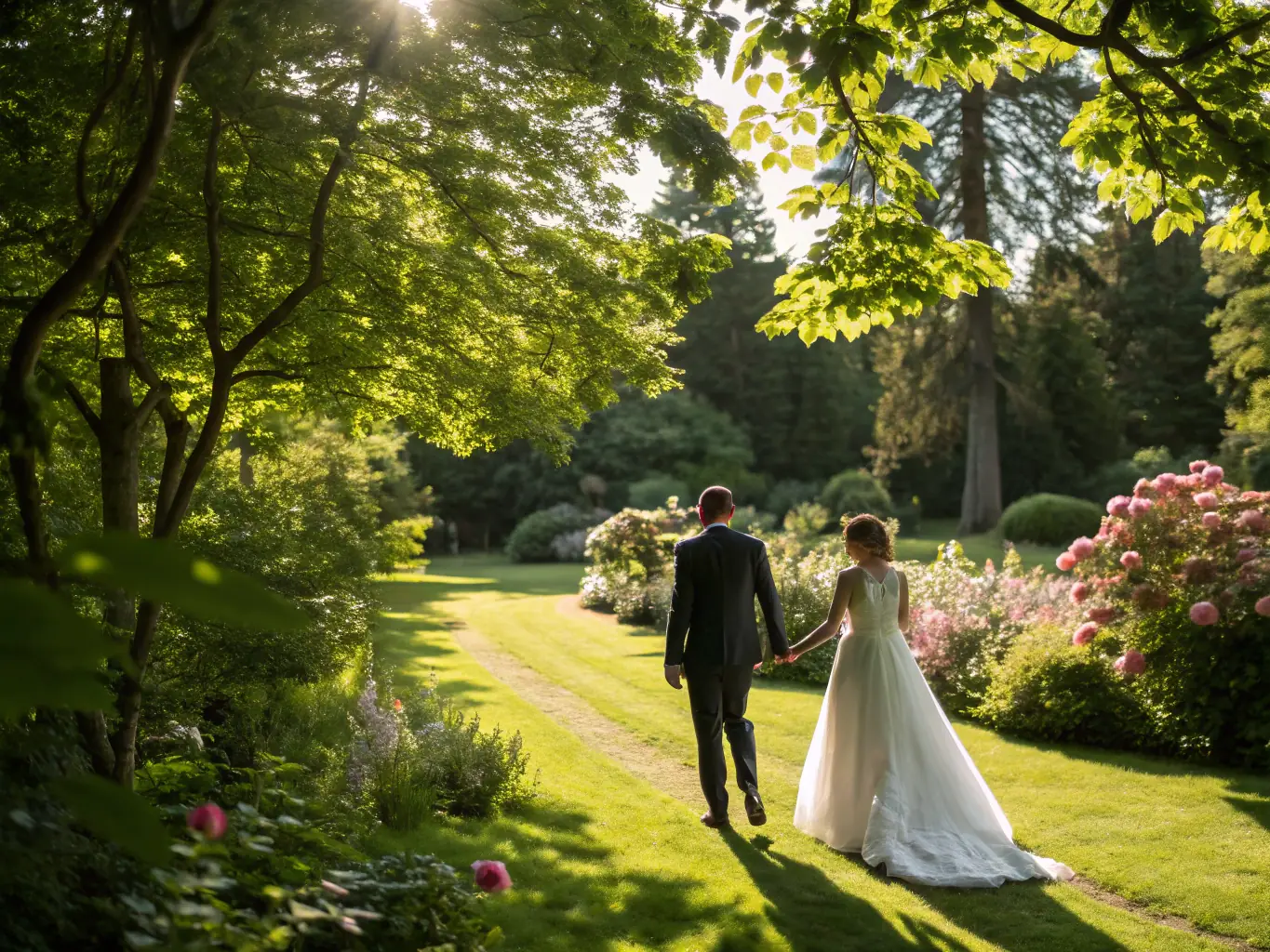 An image of a bride and groom walking through the elegant gardens of a Mansion House Collection property, with the mansion visible in the background.