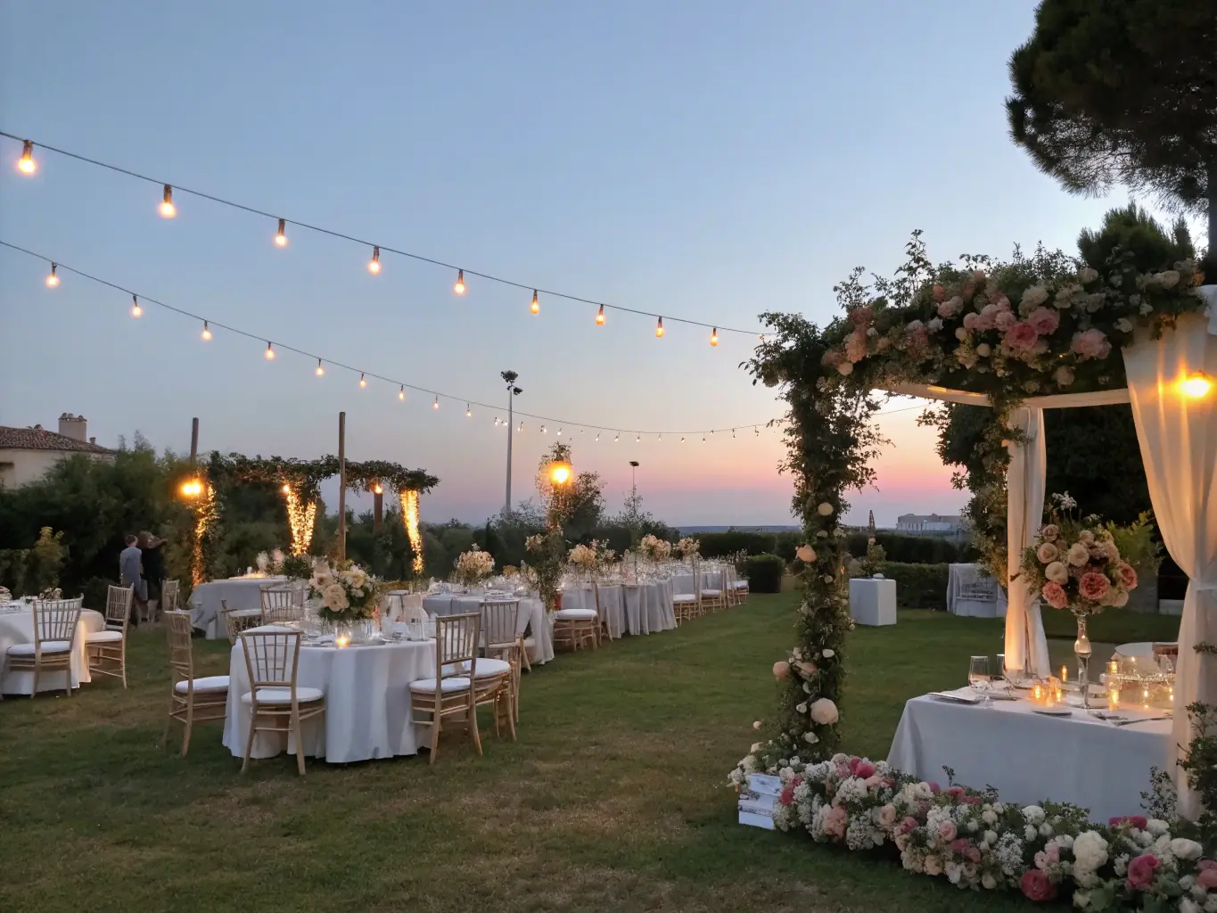 A beautifully set outdoor wedding reception at Bluebell House, with guests enjoying the manicured gardens and elegant ambiance.