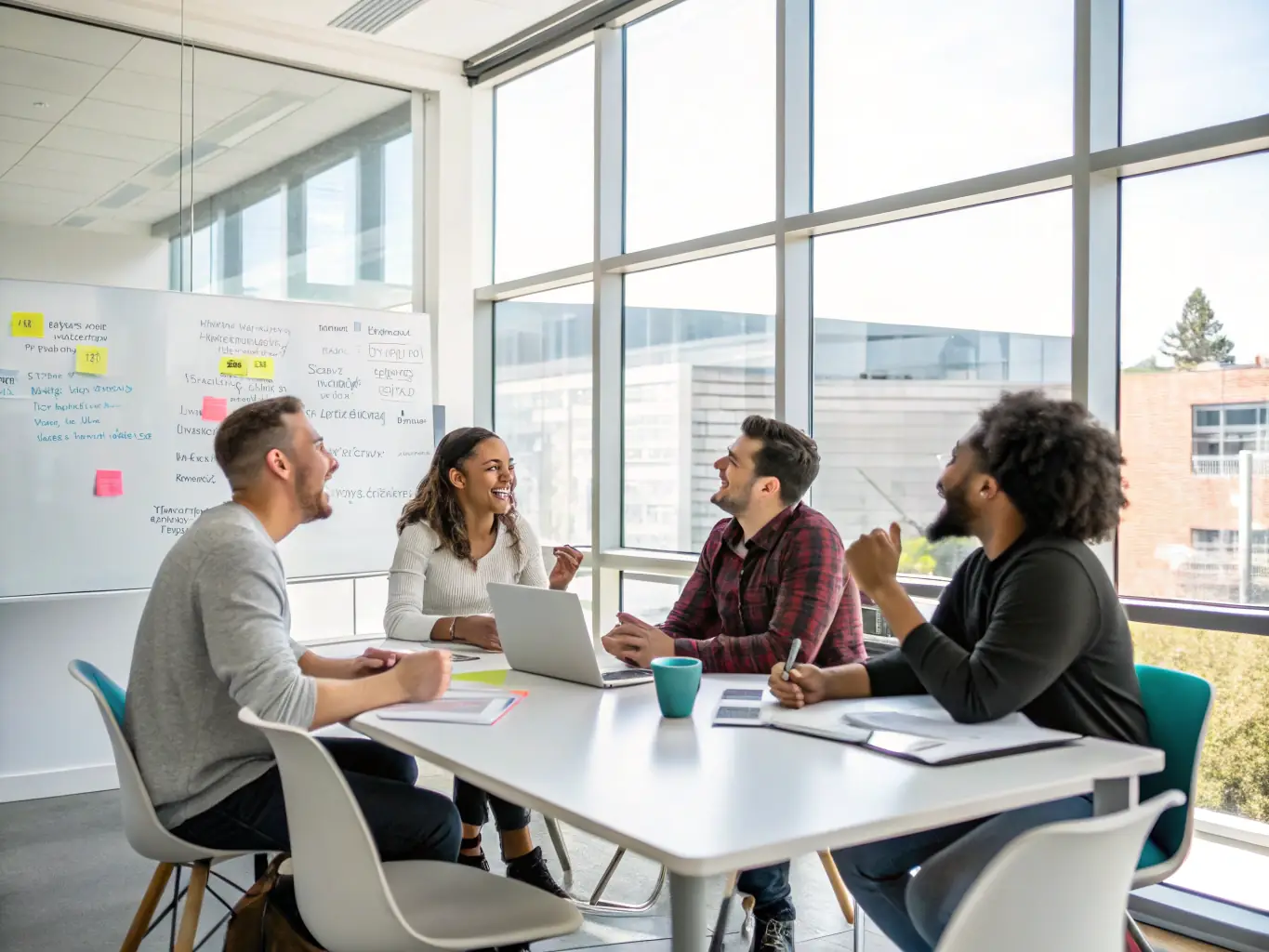 A diverse team of professionals engaged in a collaborative brainstorming session in a sunlit room at Bluebell House, surrounded by elegant decor and overlooking the estate's gardens. The atmosphere is focused and productive, with team members actively contributing ideas and solutions.