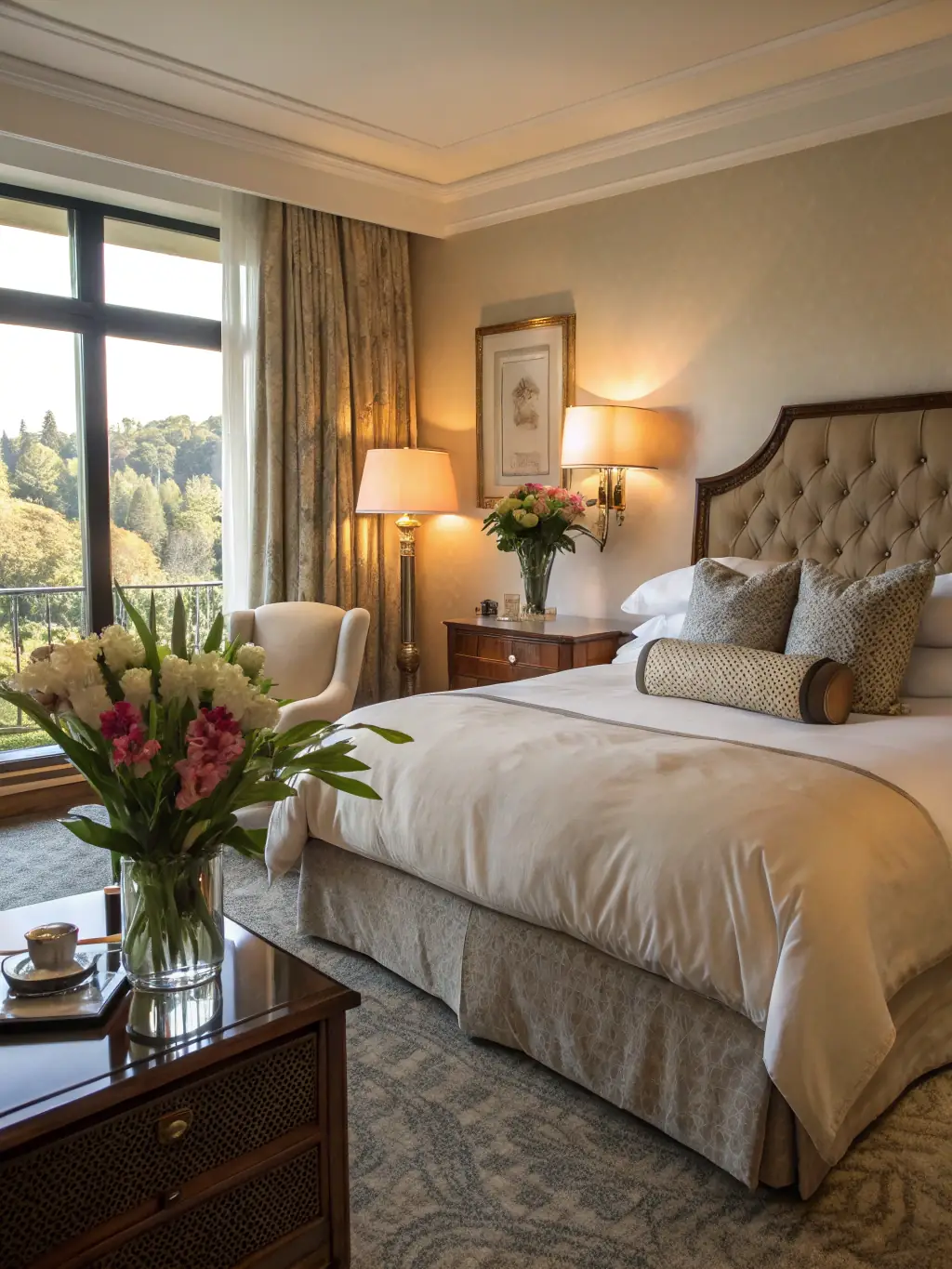 A luxurious bedroom suite in Bluebell House, featuring plush furnishings, a fireplace, and a view of the estate's gardens.