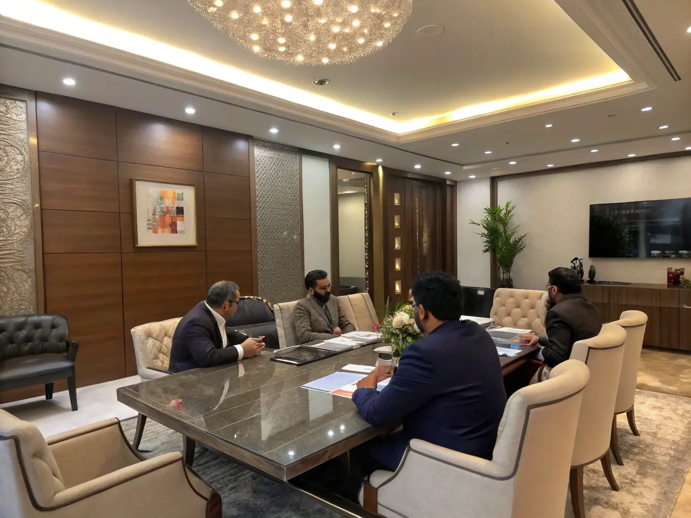A sophisticated corporate retreat setup in one of Mansion House Collection's elegant drawing rooms, showcasing a productive yet luxurious environment.