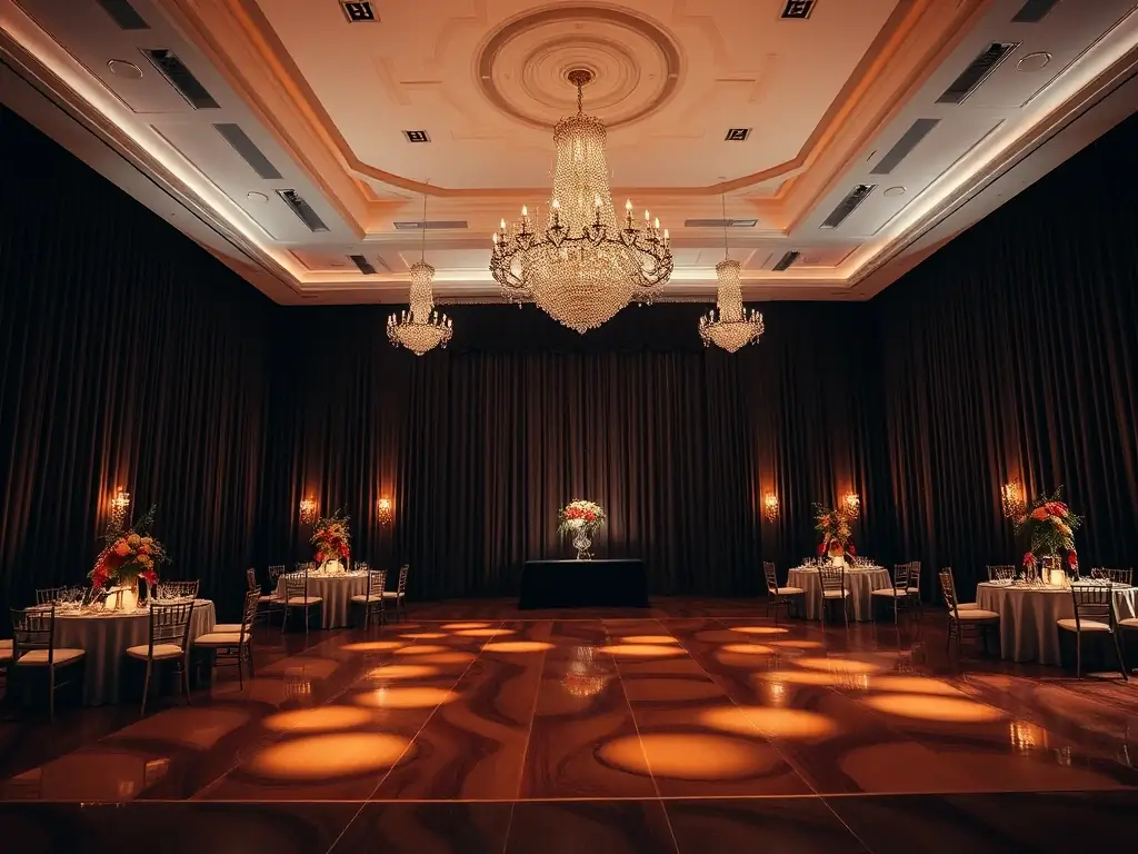 A beautifully decorated grand ballroom in Bluebell House, set up for a wedding reception, showcasing elegant table settings, floral arrangements, and ambient lighting.